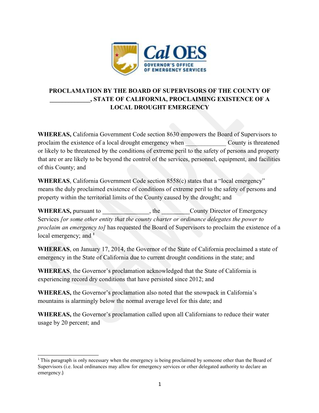 Cal OES Local Government Drought Proclamation Template