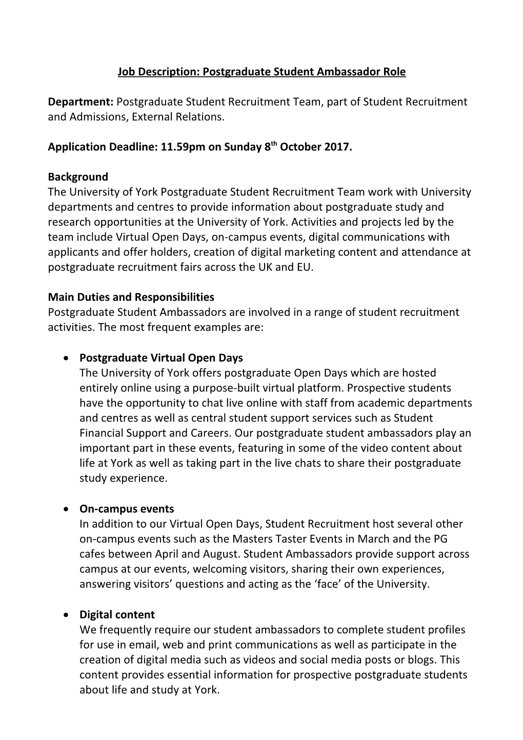 Job Description: Postgraduate Student Ambassador Role