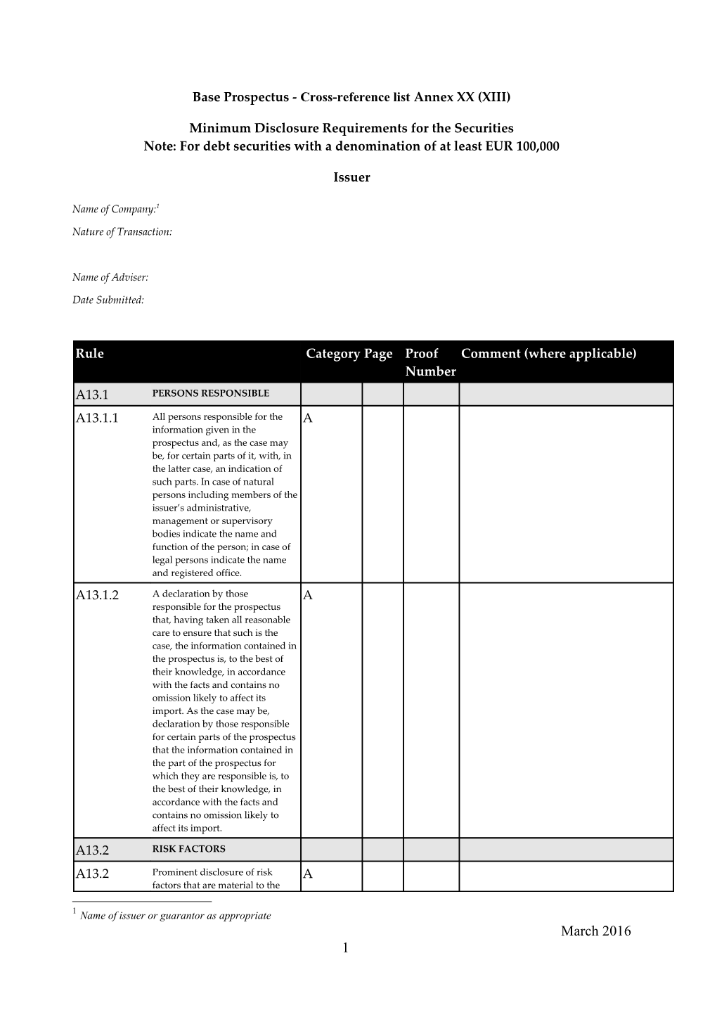 Base Prospectus - Cross-Reference List Annex XX (XIII)