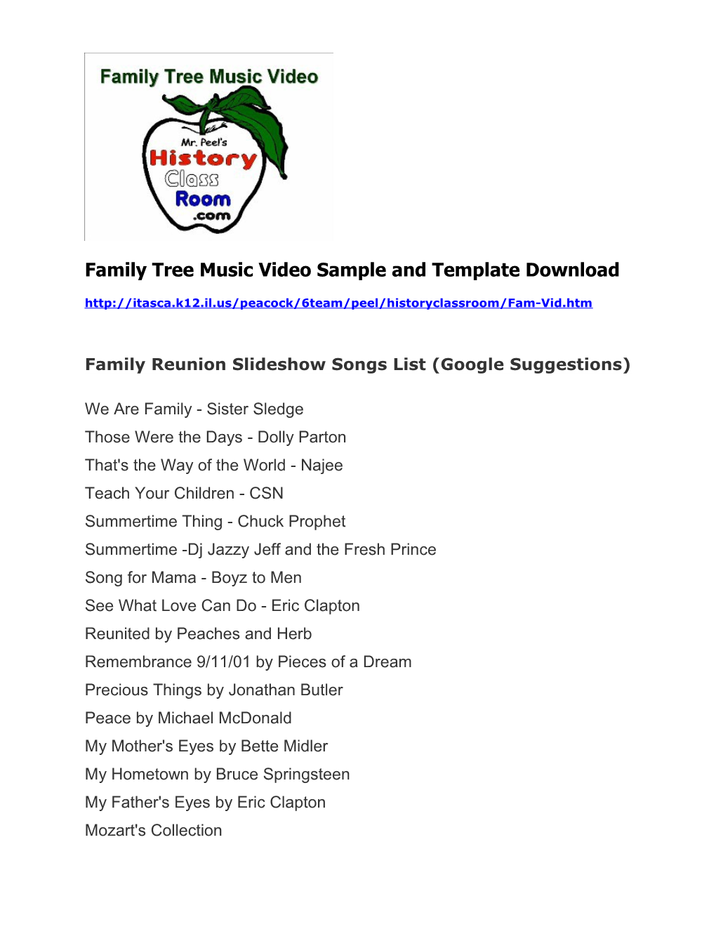 Family Reunion Slideshow Songs List