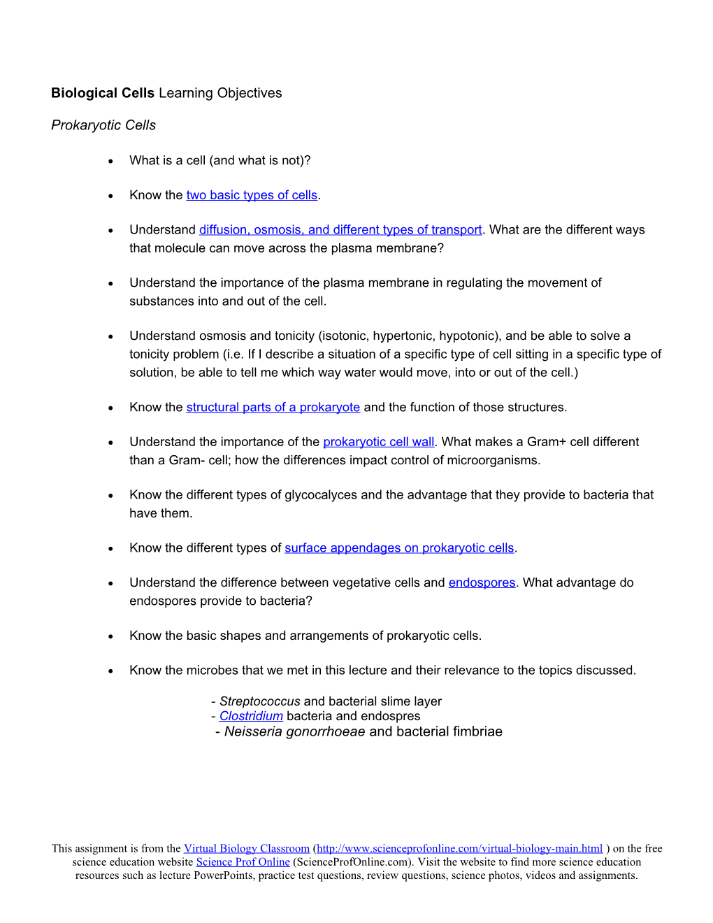 Biological Cells Learning Objectives