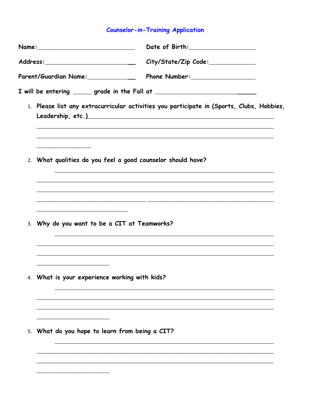 Counselor-In-Training Application