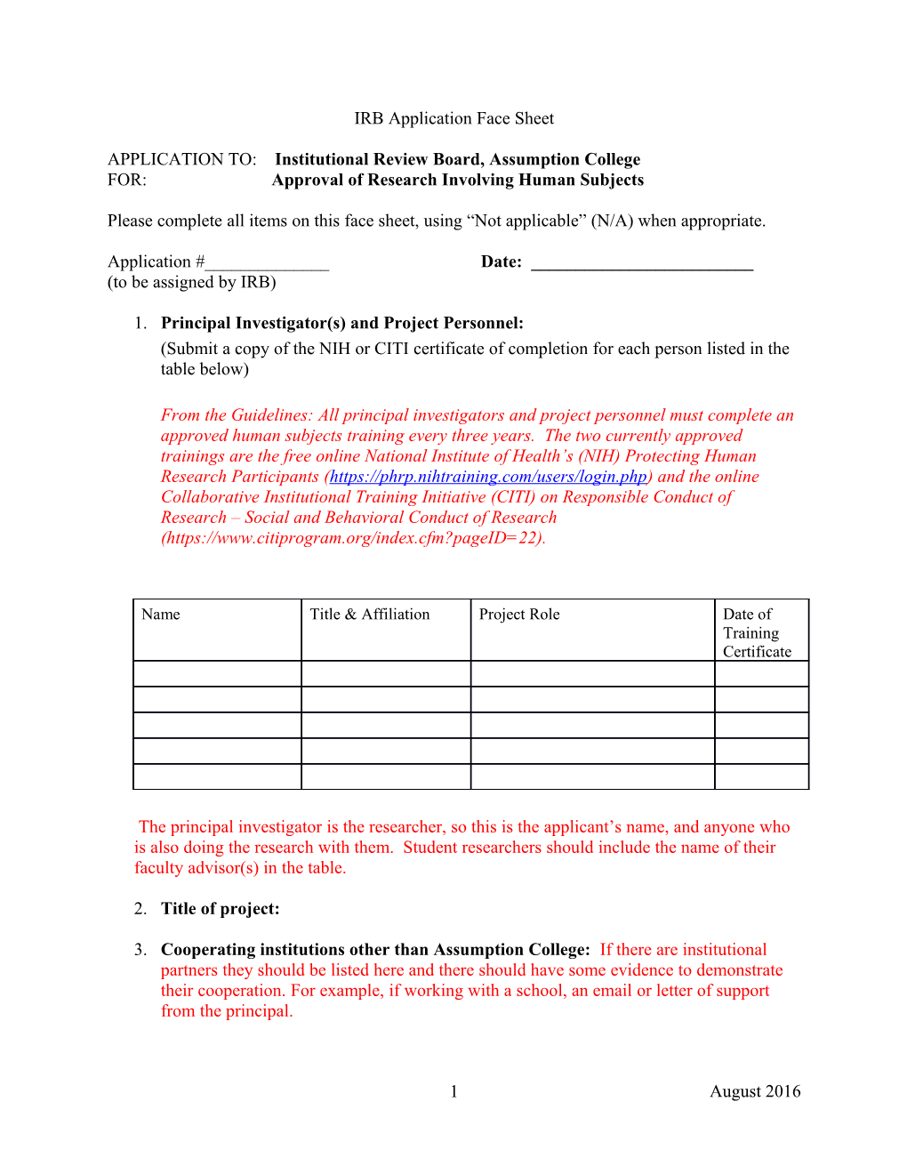 IRB Application Face Sheet