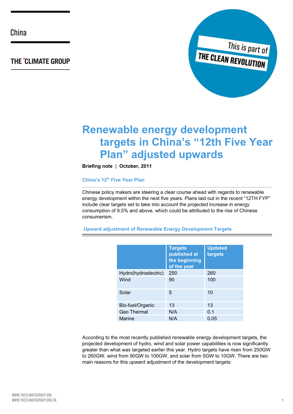 Renewable Energy Development Targets in China S 12Th Five Year Plan Adjusted Upwards