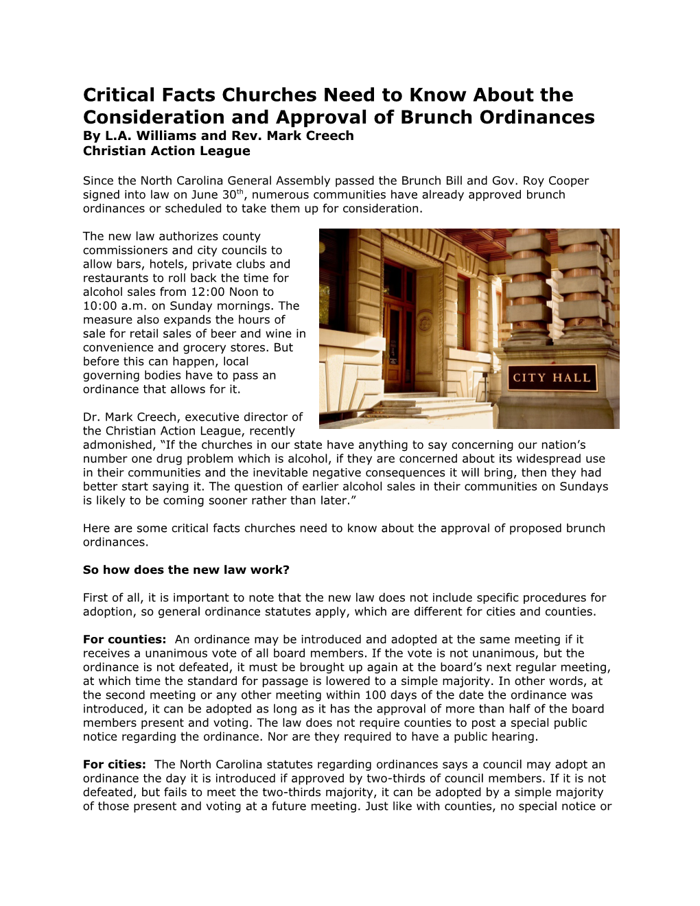 Critical Facts Churches Need to Know About the Consideration and Approval of Brunch Ordinances