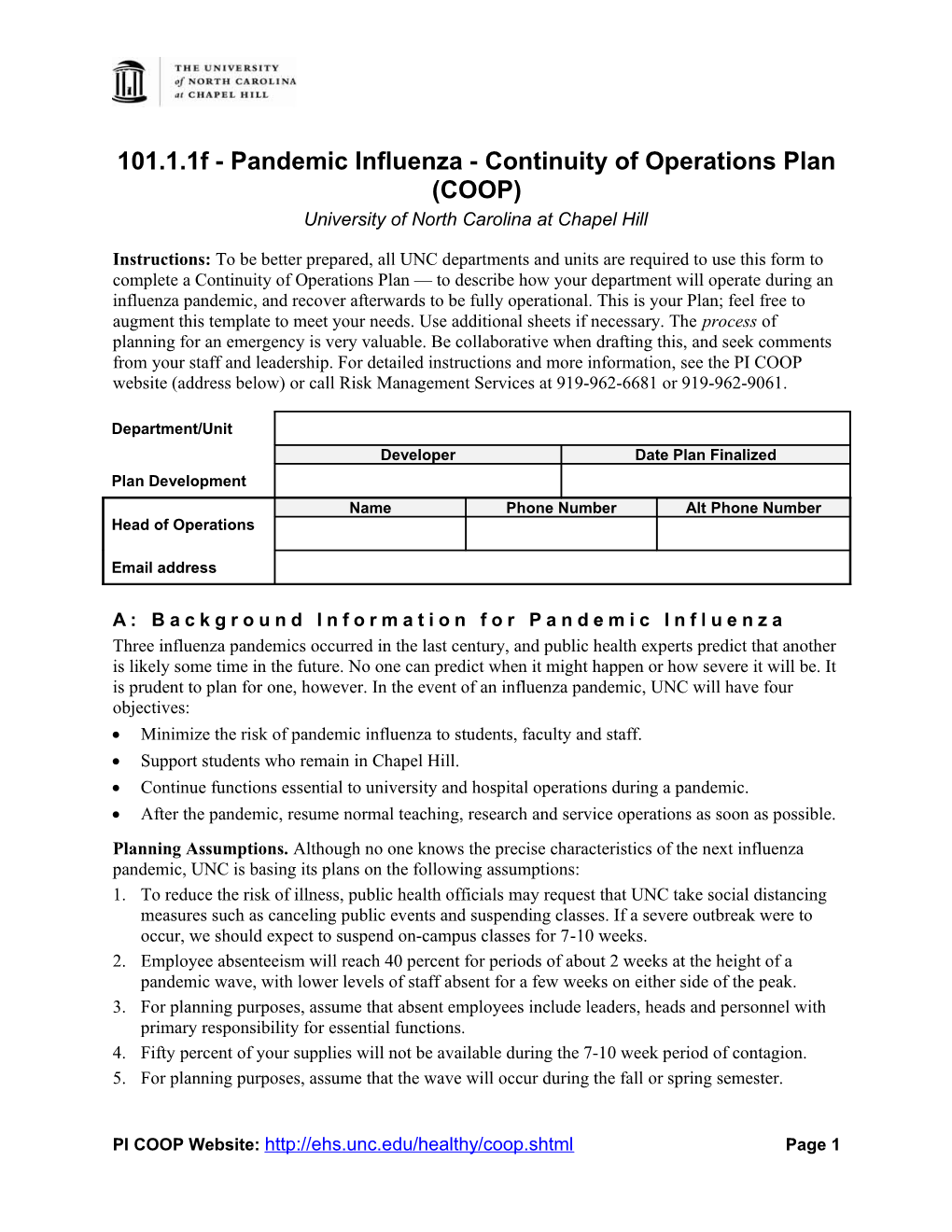 Pandemic Influenza Continuity of Operations Plan (COOP)