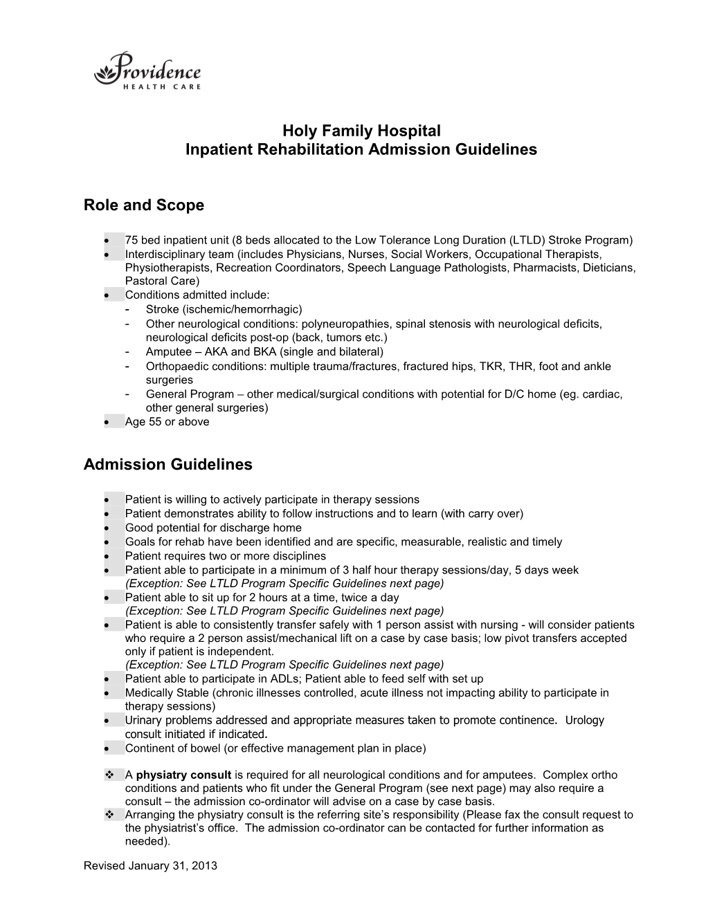 Inpatient Rehabilitation Admission Guidelines