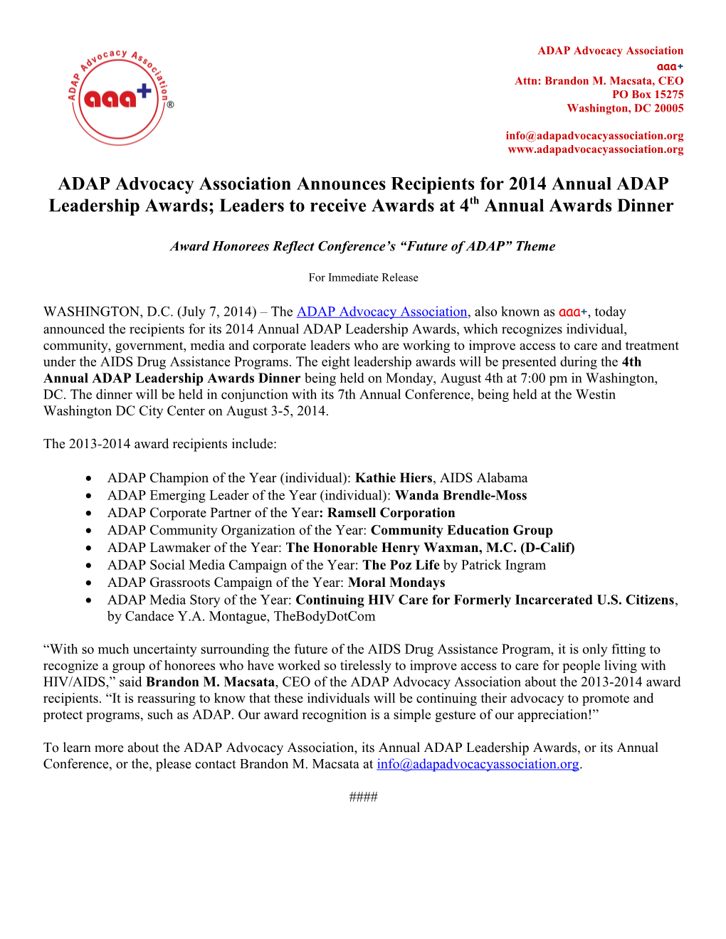 ADAP Advocacy Association February 7, 200 Page 2 of 2 ADAP ADVOCACY ASSOCIATION RECOGNIZES