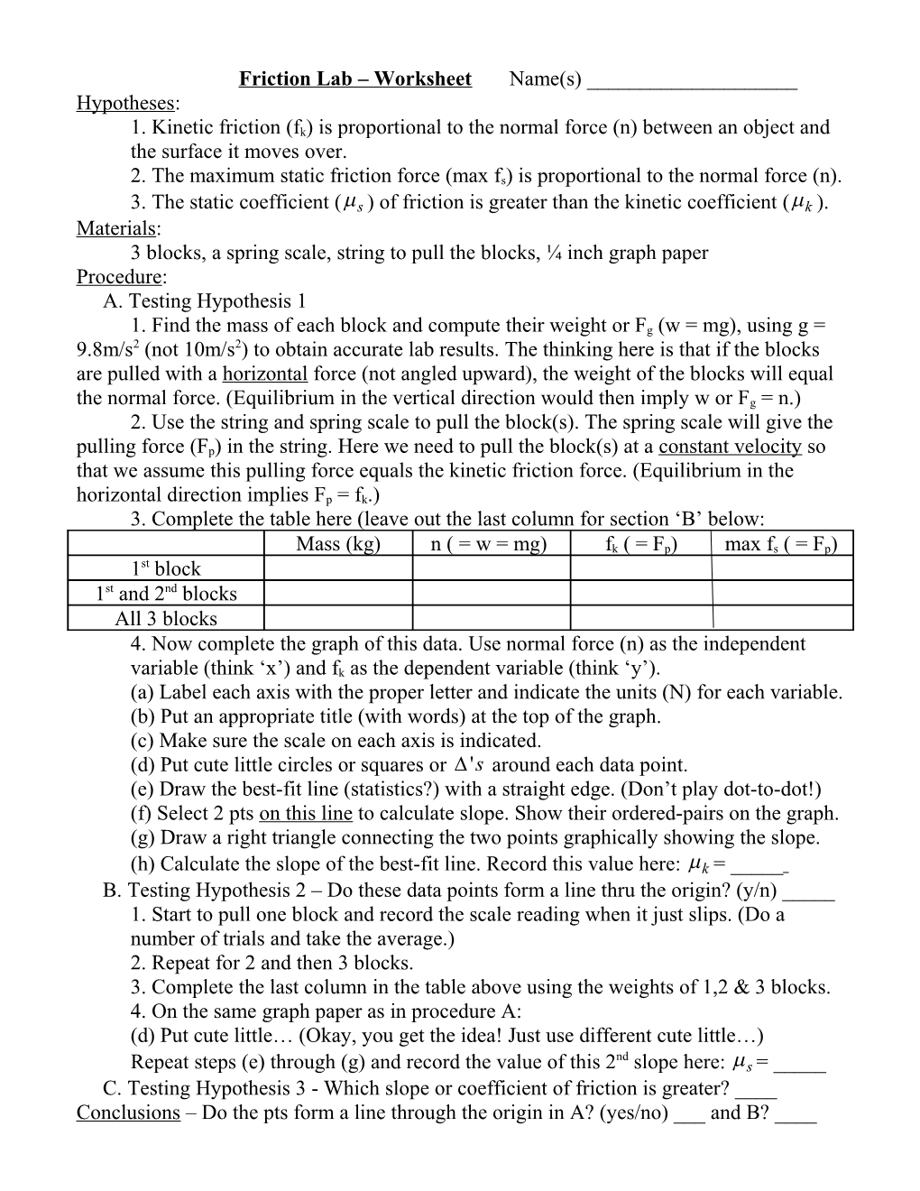 Friction Lab - Worksheet