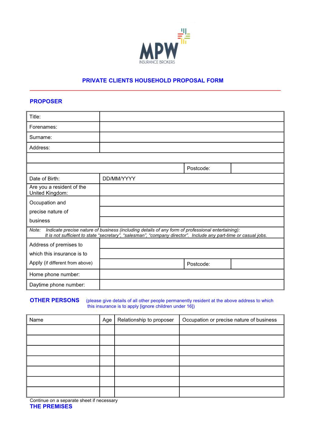 Private Clients Household Proposal Form