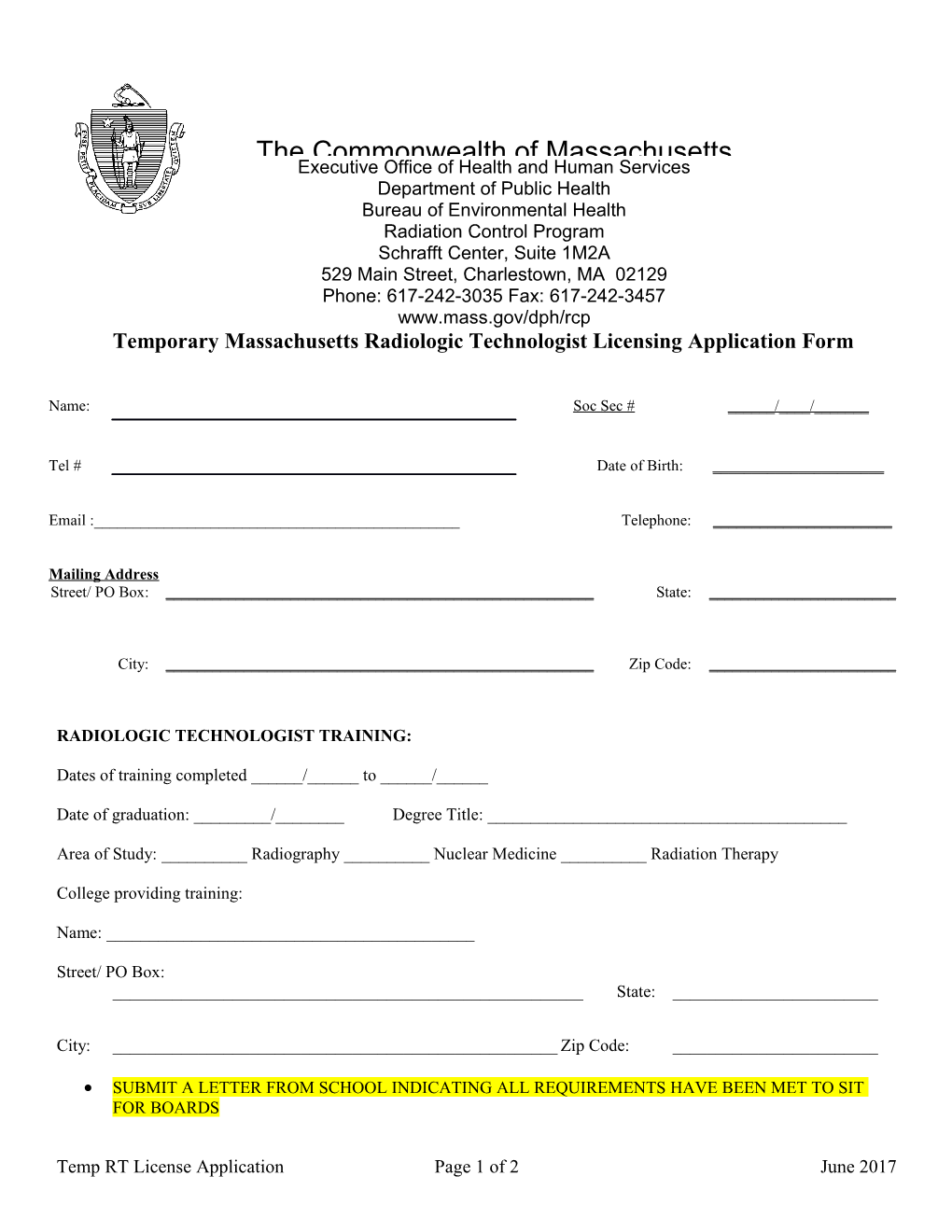 MDPH - Massachusetts Radiologic Technologist Licensing Application Form