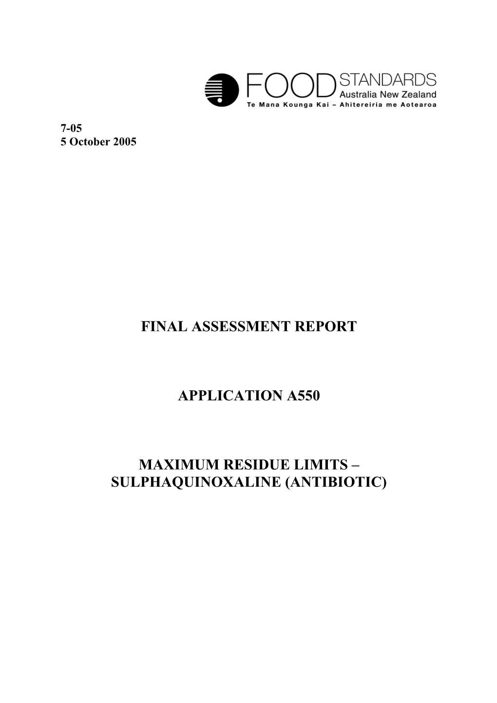 Maximum Residue Limits Sulphaquinoxaline (Antibiotic)