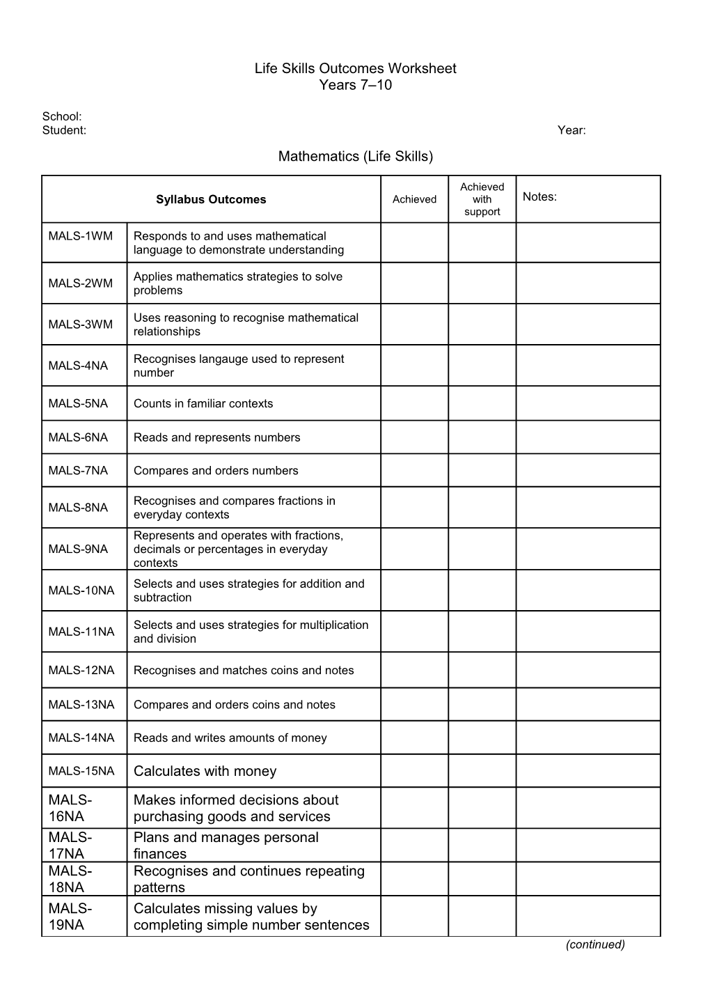 Life Skills Outcomes Worksheet