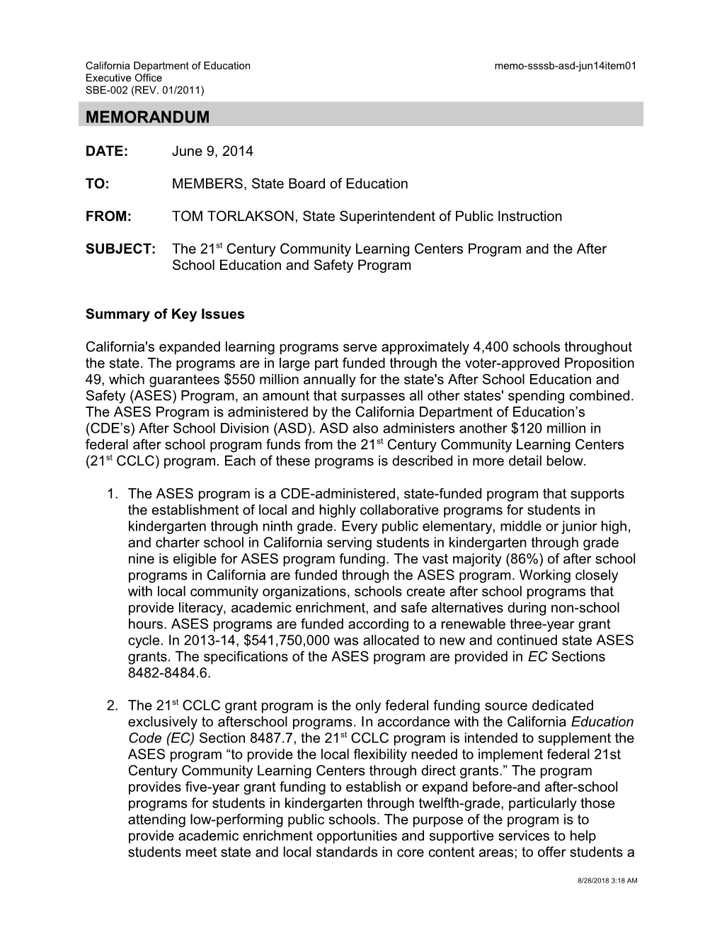 June 2014 Memorandum ASD Item 01 - Information Memorandum (CA State Board of Education)