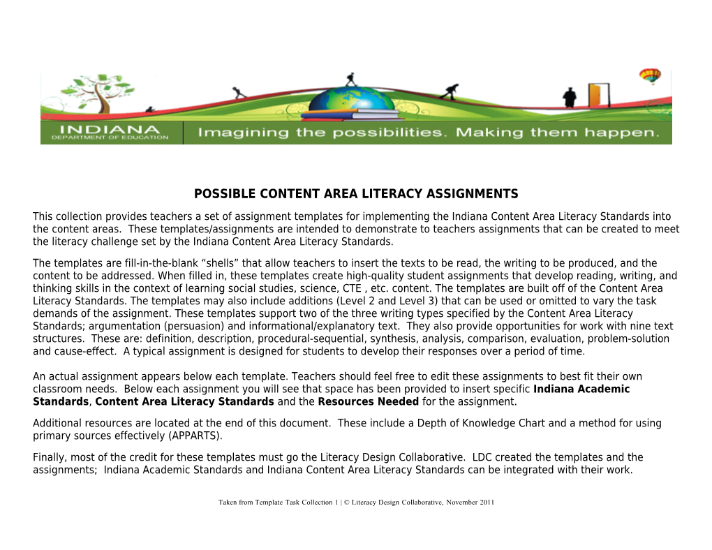 Possible Content Area Literacy Assignments