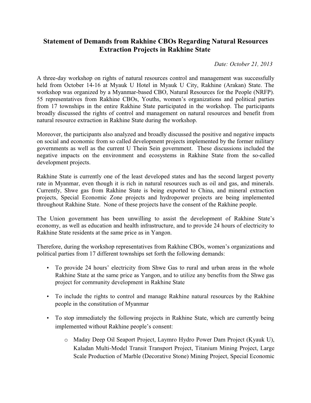 Statement of Demands from Rakhine Cbos Regarding Natural Resources Extraction Projects