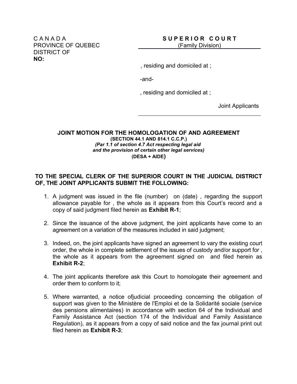 Joint Motion for the Homologation of and Agreement