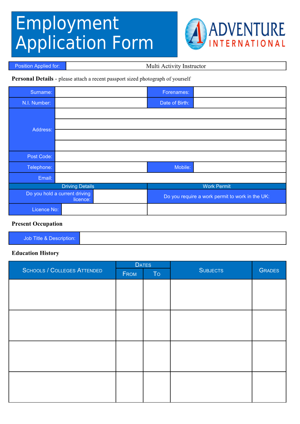 Personal Details - Please Attach a Recent Passport Sized Photograph of Yourself