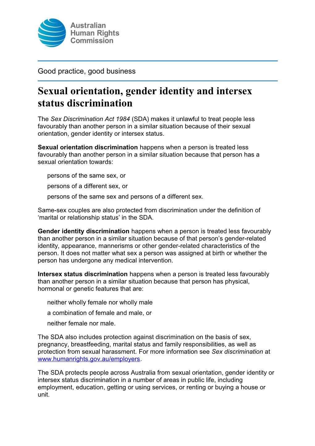 Sexual Orientation, Gender Identity and Intersex Status Discrimination