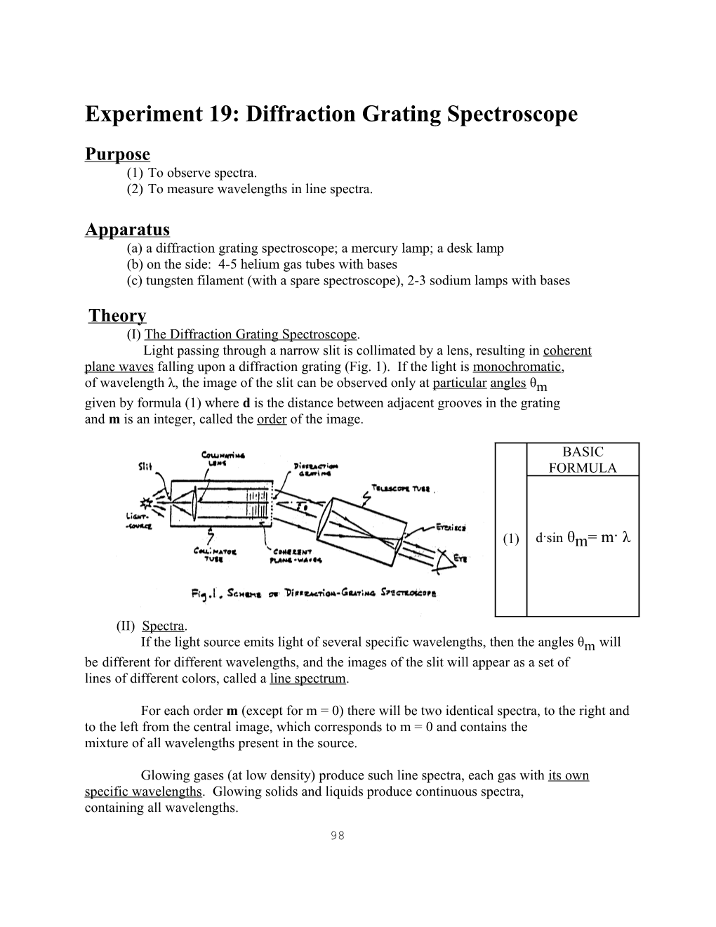 Experiment 2E Diffraction Grating Spectroscope