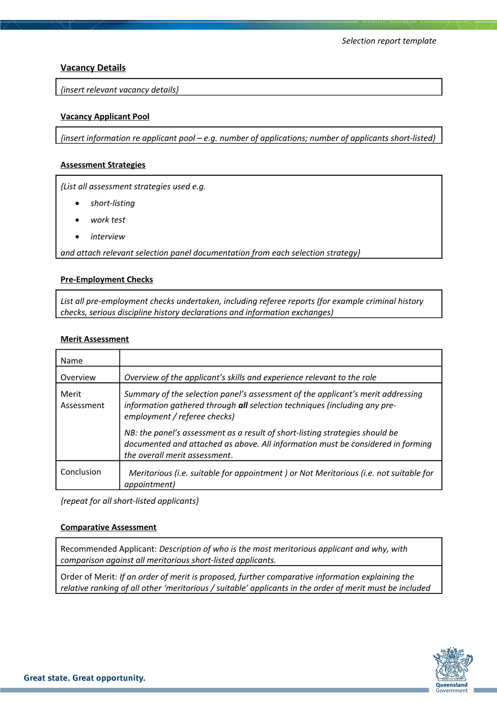 Selection Report Template