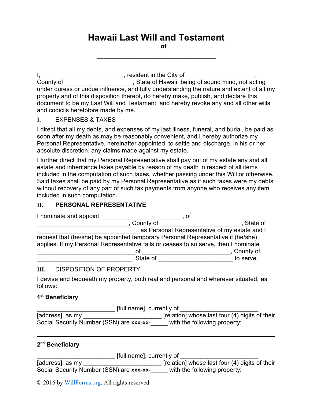 Hawaii Last Will and Testament Form