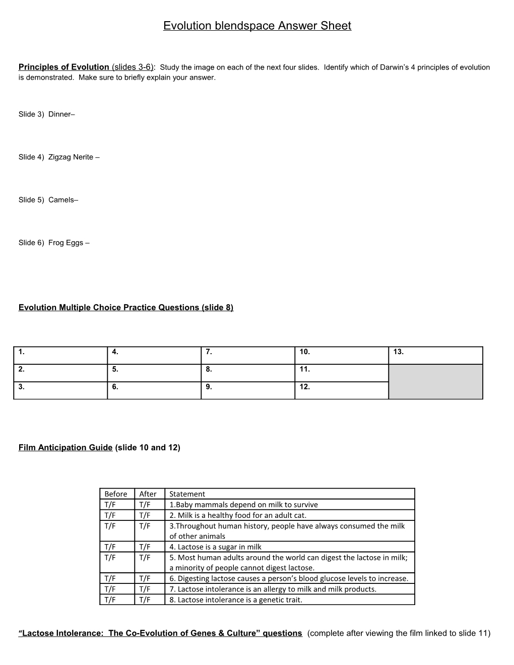 Evolution Blendspace Answer Sheet