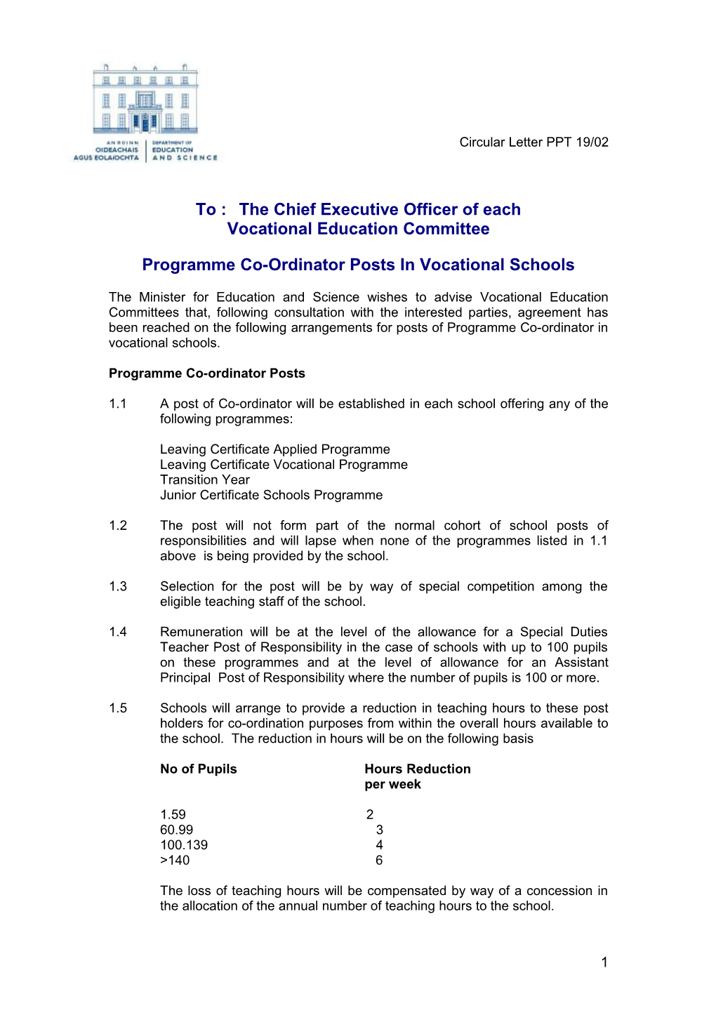 Post Primary Circular 19/02 - Programme Co-Ordinator Posts in Vocational Schools (Word