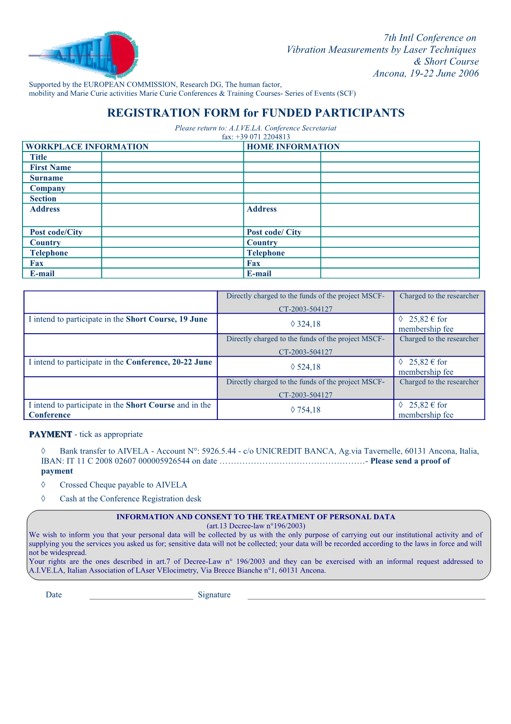 REGISTRATION FORM for FUNDED PARTICIPANTS