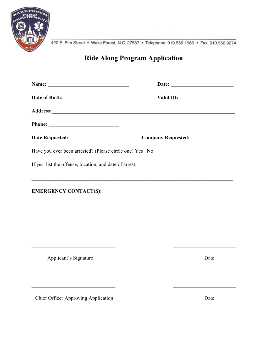 Ride Along Program Application