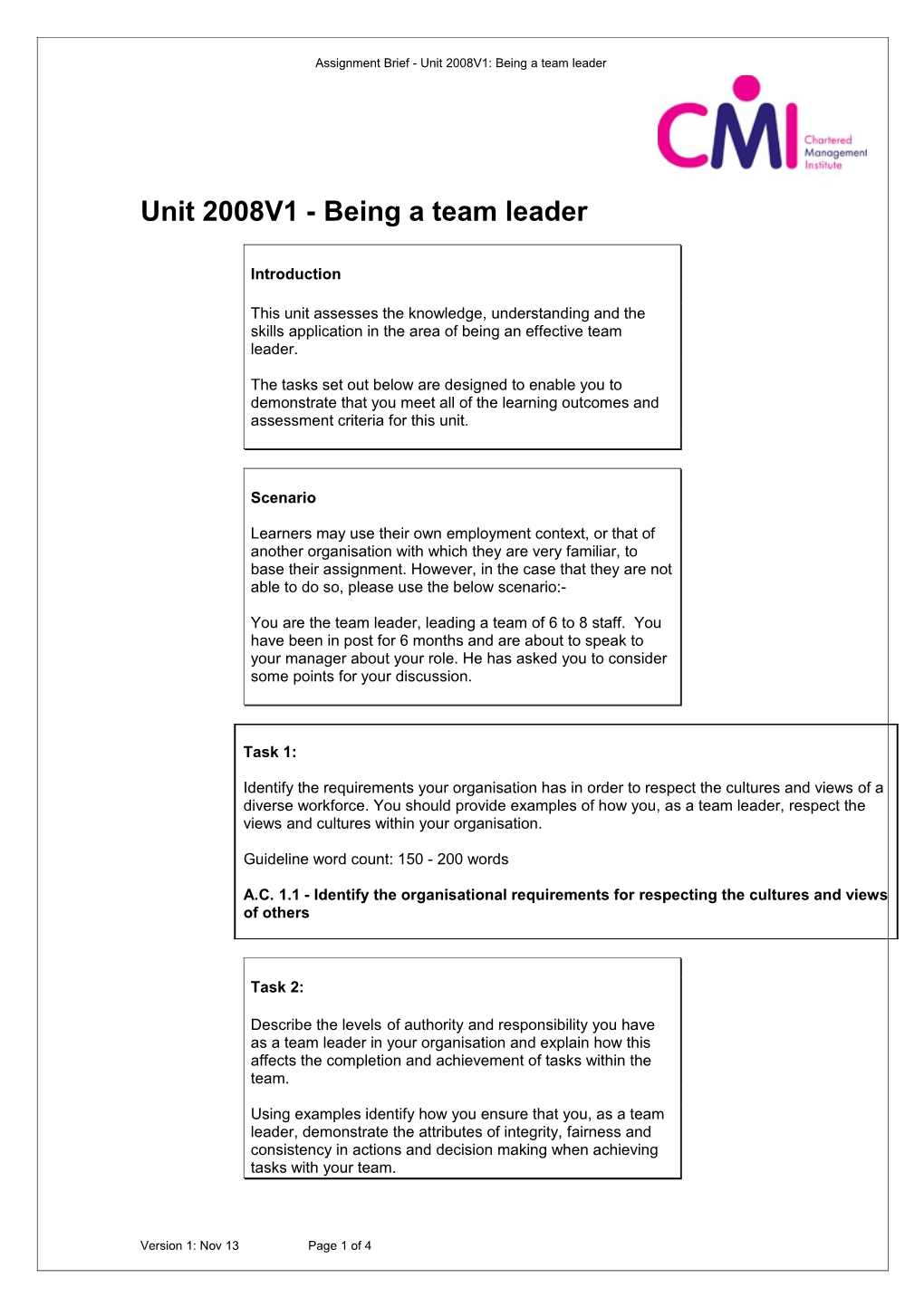 Assignment Brief - Unit 2008V1: Being a Team Leader