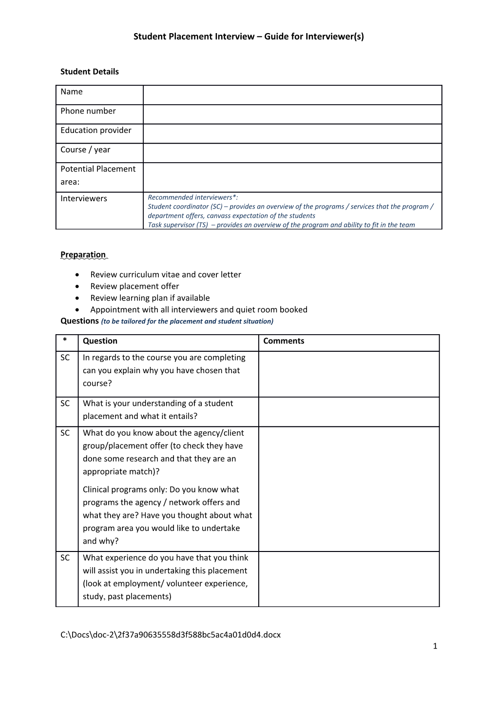 Student Placement Interview Guide for Interviewer(S)