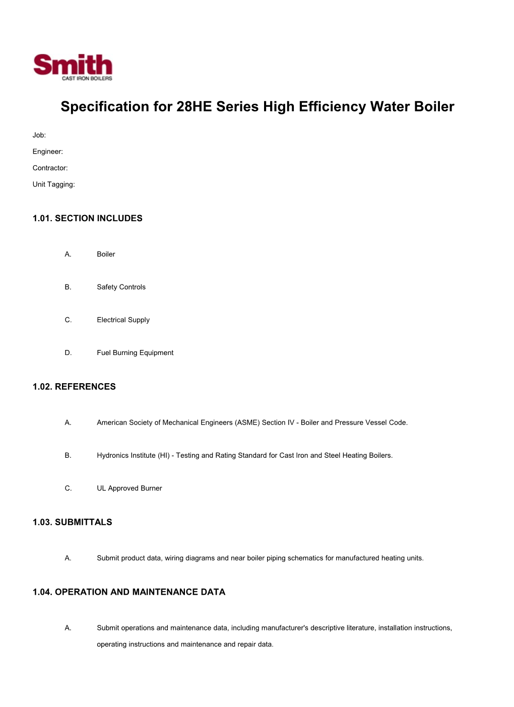 Specification for 28A Series Boiler