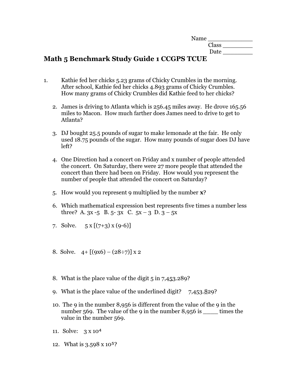 Math 5 Benchmark Study Guide 1 CCGPS TCUE