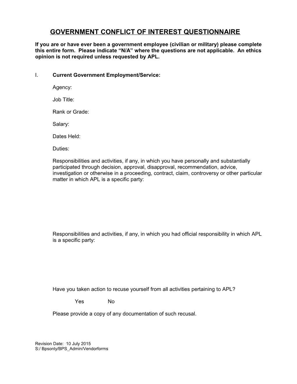 Government Conflict of Interest Questionnaire