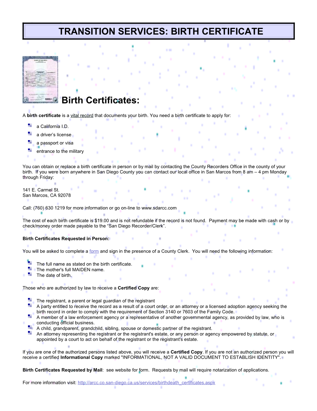 Transition Services: Birth Certificate