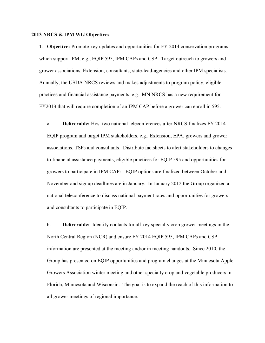 2013 NRCS & IPM WG Objectives