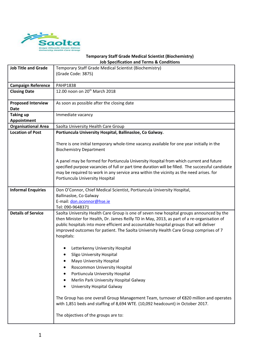 Temporary Staff Grade Medical Scientist (Biochemistry)