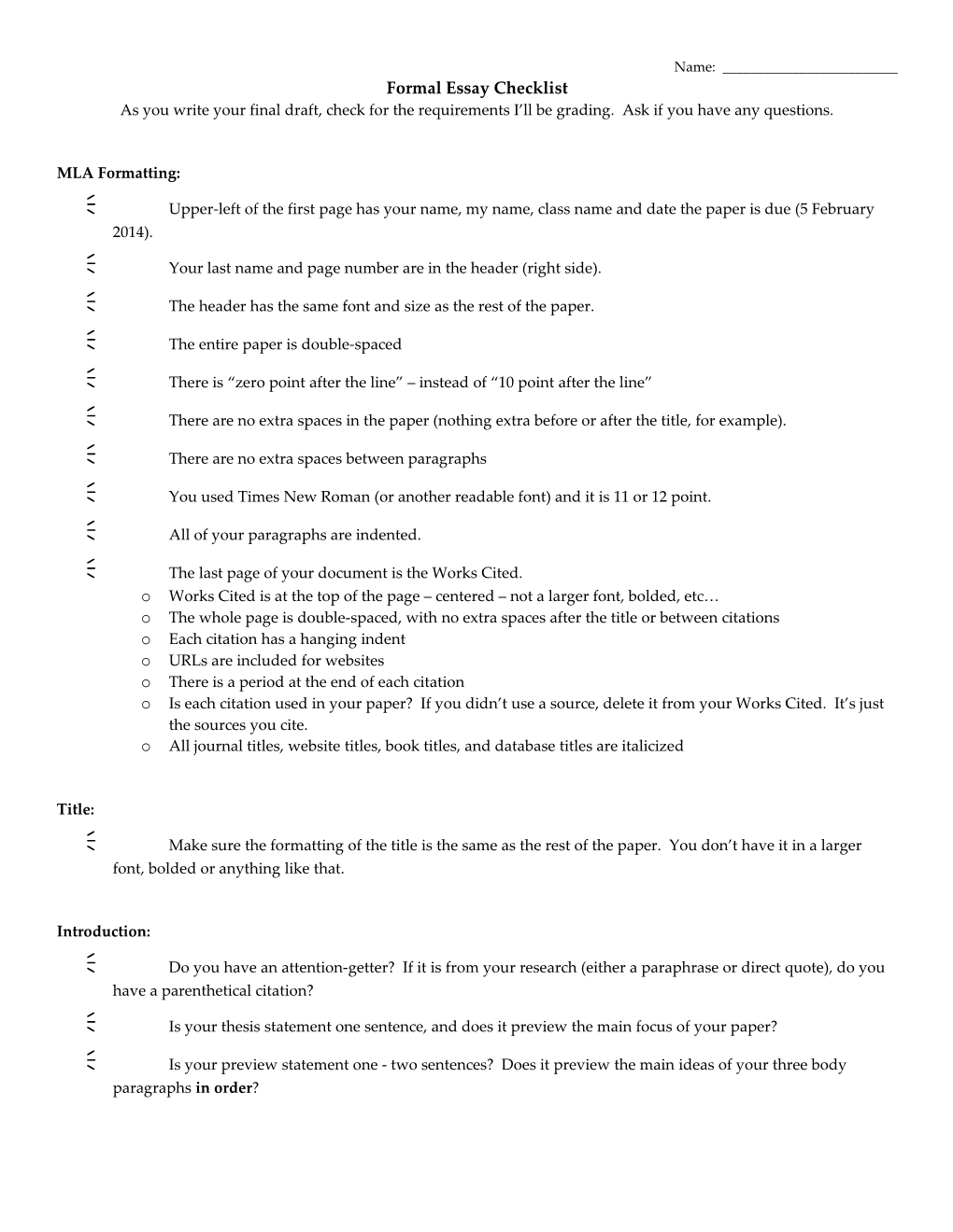 Formal Essay Checklist