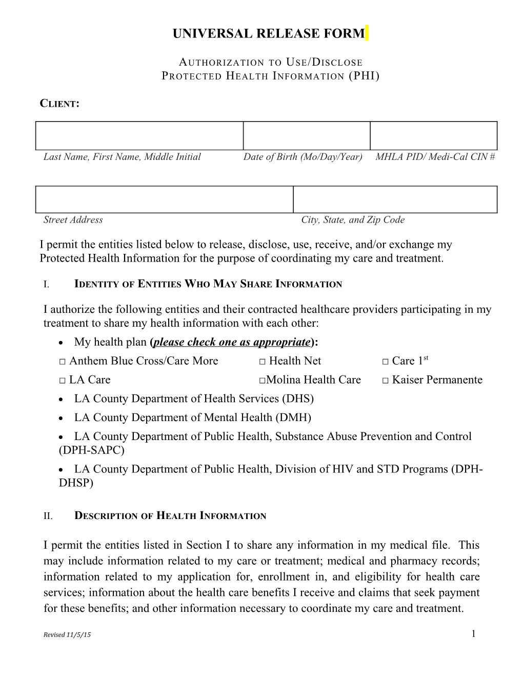 Universal Release Form