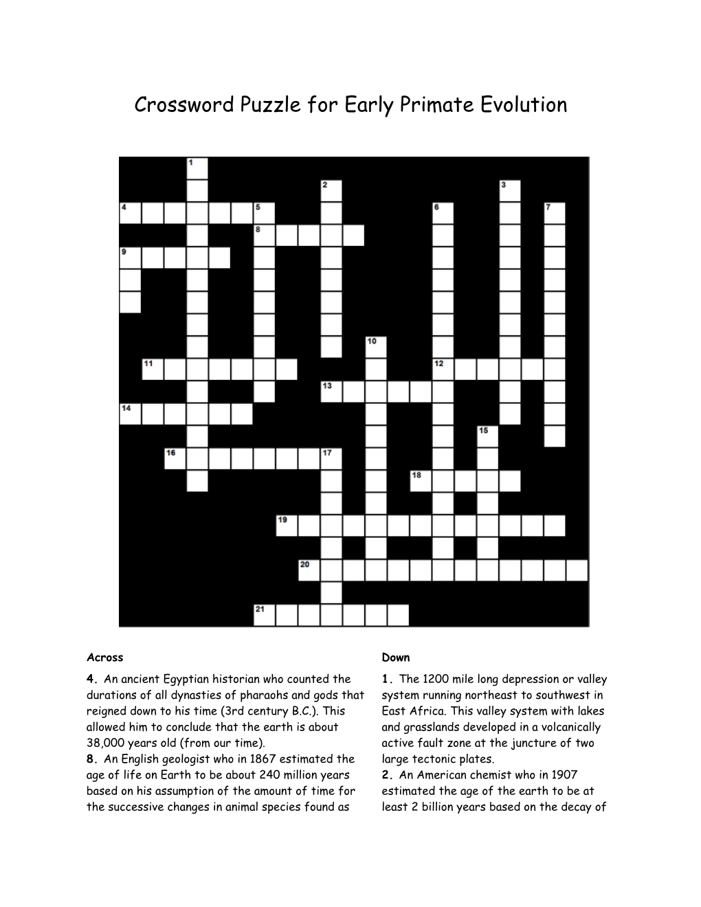 Crossword Puzzle for Early Primate Evolution