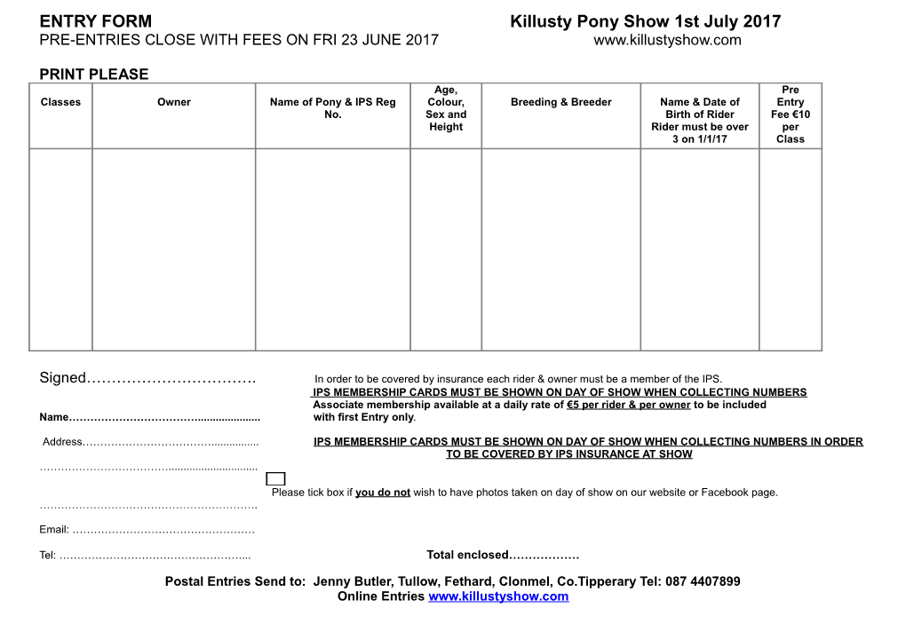 ENTRY FORM Killusty Pony Show 1St July 2017