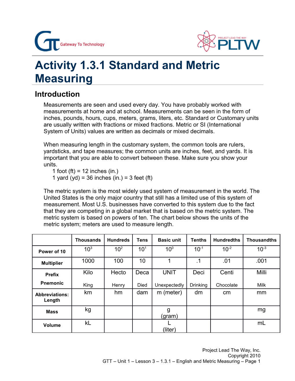 Activity 1.3.1 English and Metric Measuring