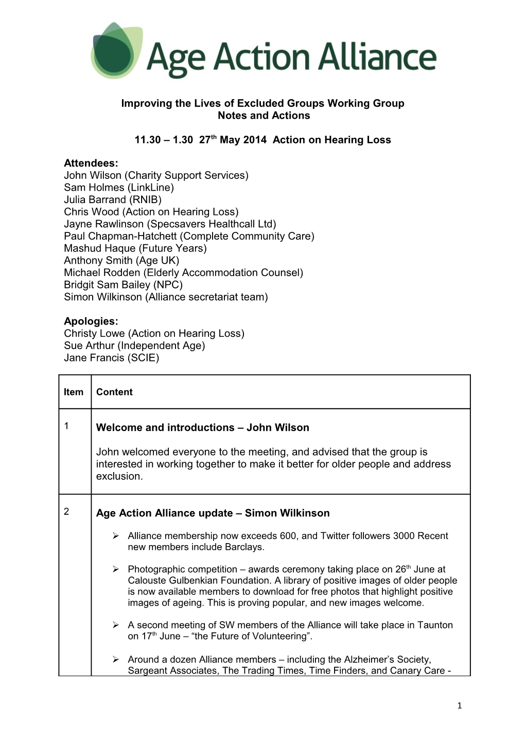 Age Action Alliance Steering Group Notes and Actions