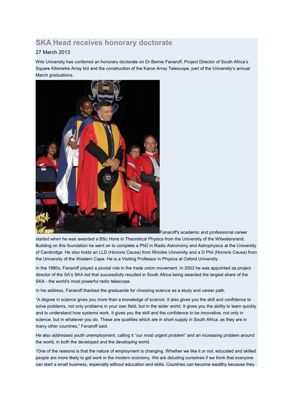 SKA Head Receives Honorary Doctorate