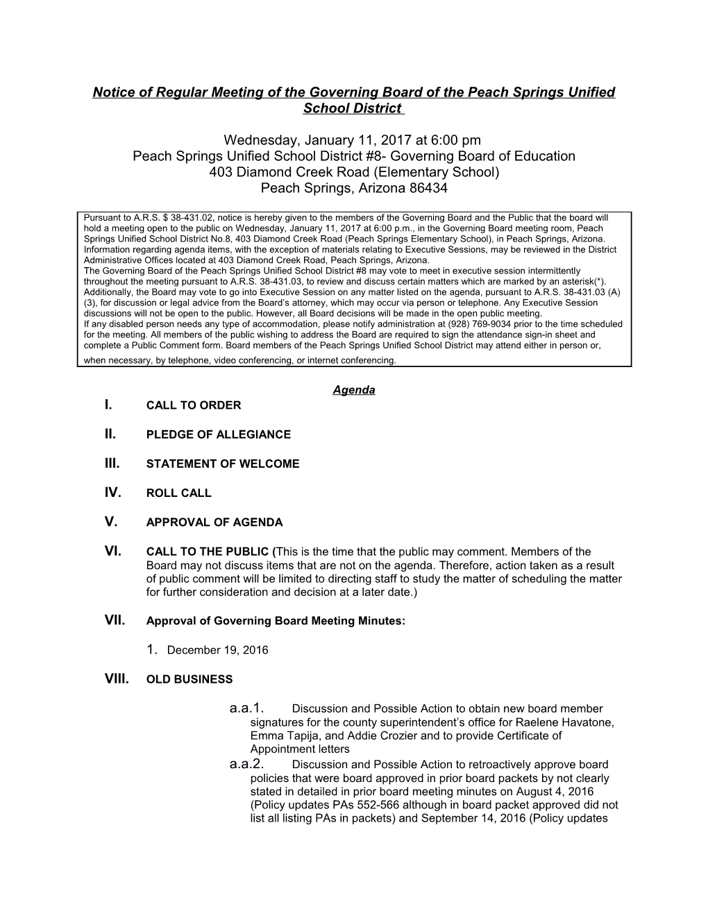 Notice of Regular Meeting of the Governing Board of the Peach Springs Unified School District s1