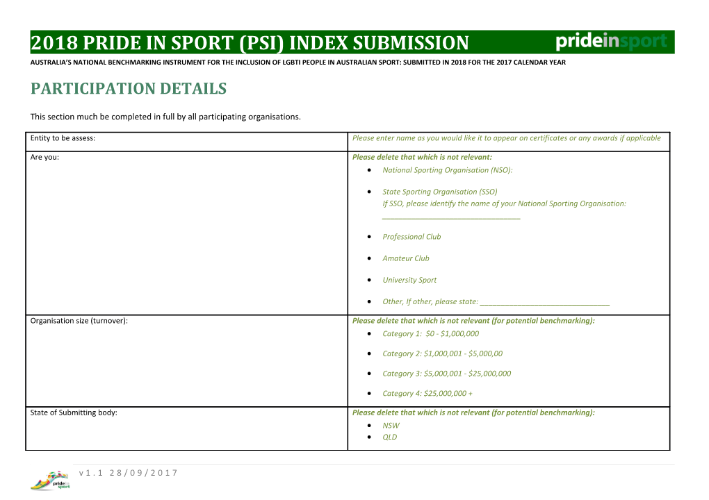 2018 Pride in Sport (Psi) Index Submission