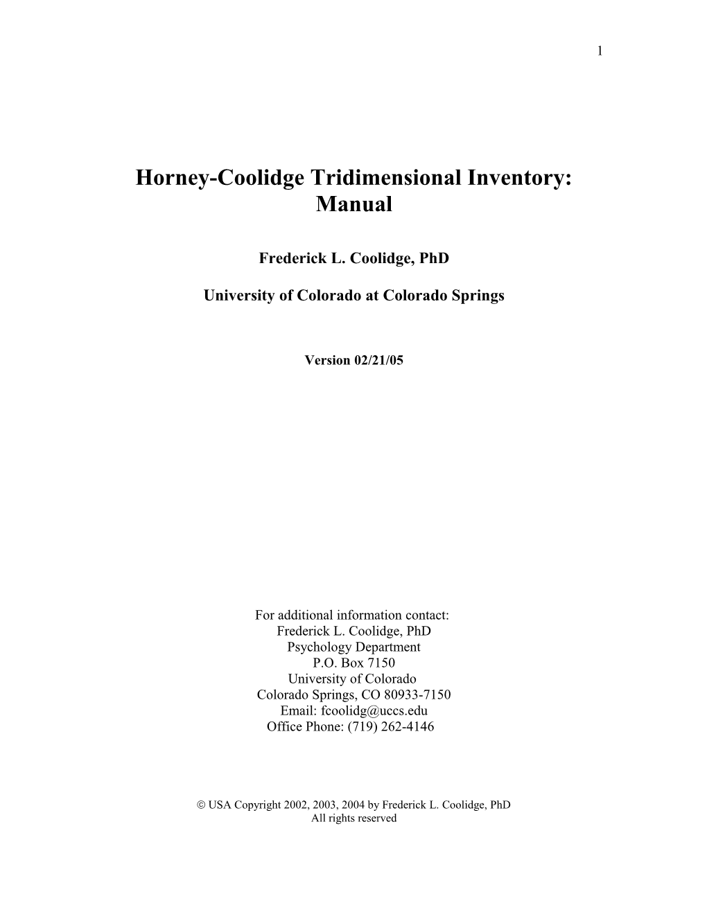 Horney-Coolidge Tridimensional Inventory: Manual