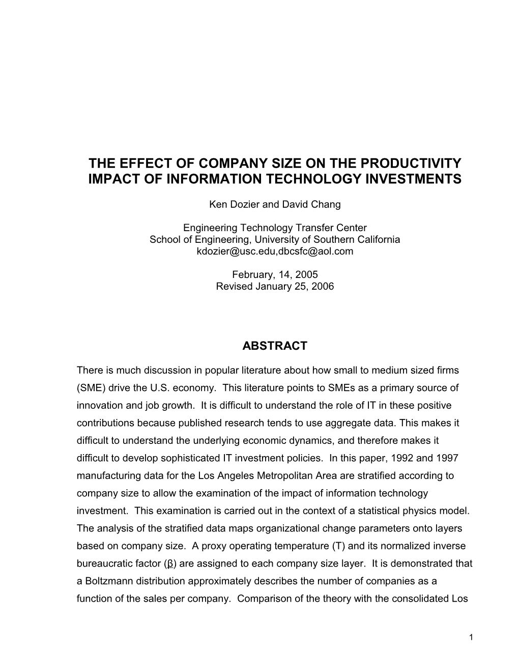 The Effect of Company Size on the Productivity Impact of Information Technology Investments