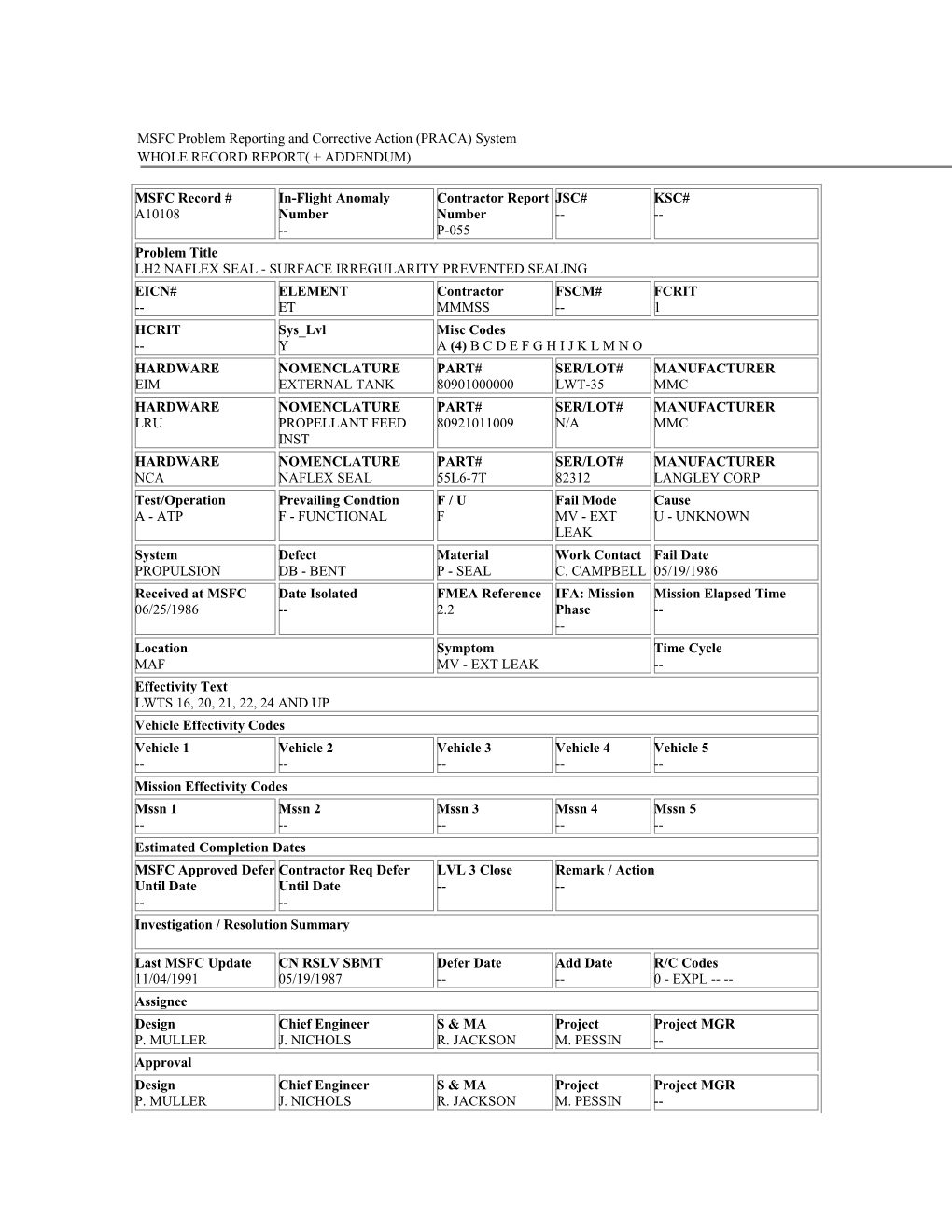 MSFC Problem Reporting and Corrective Action (PRACA) System s3